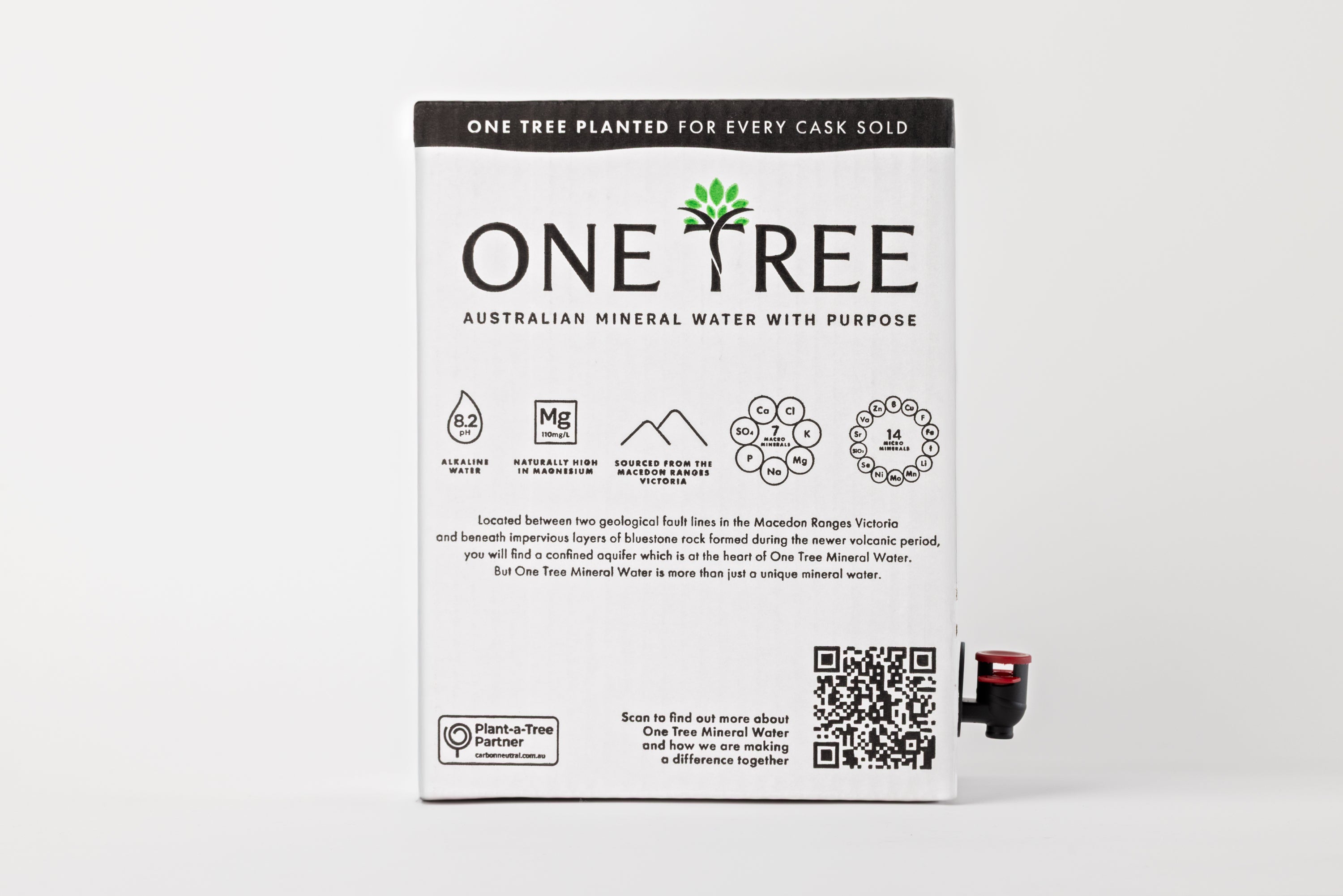 Back of One Tree Still Mineral Water 10L cask showing mineral content and packaging details