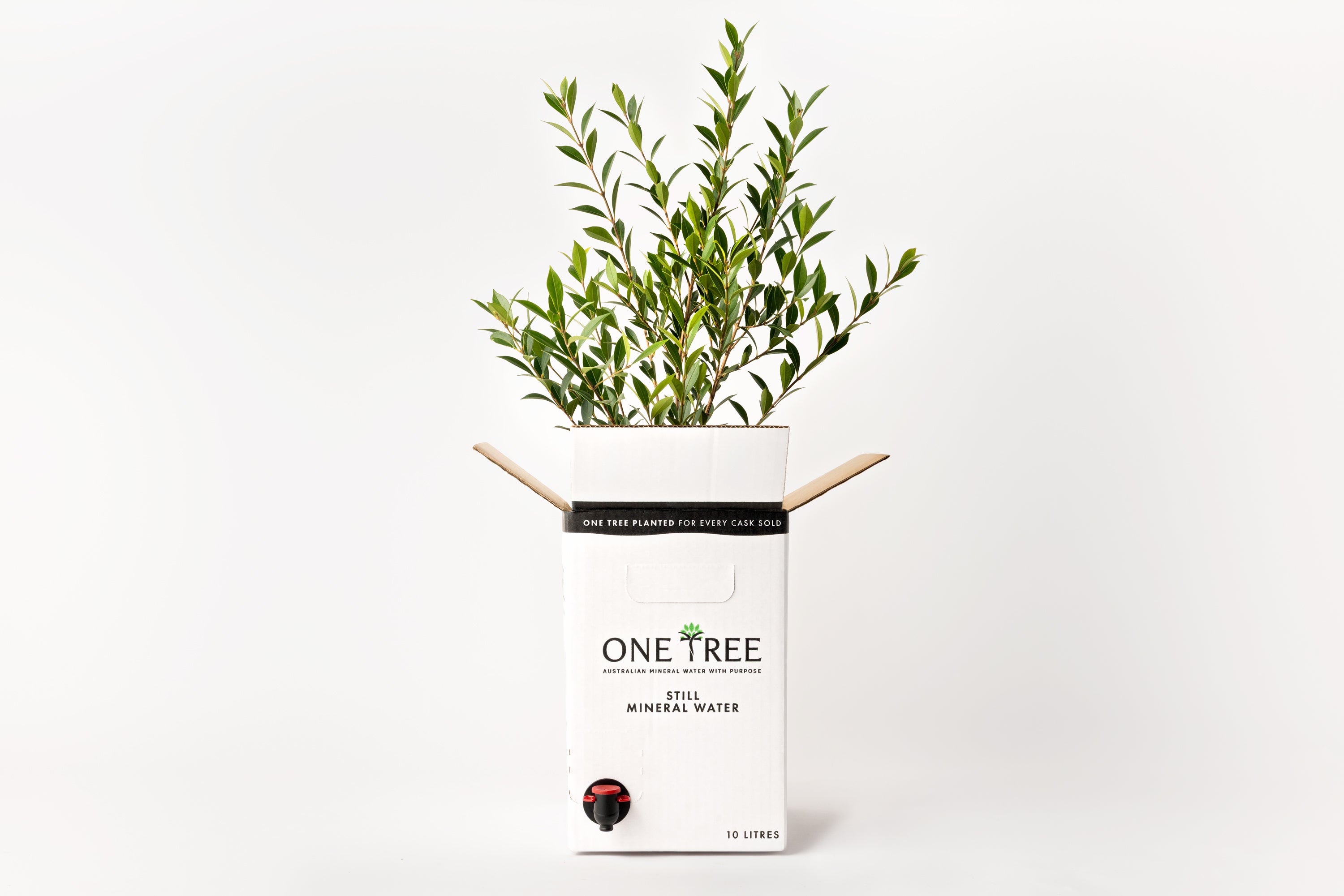 One Tree 10L mineral water cask with a native plant sprouting, symbolising sustainability and reforestation.