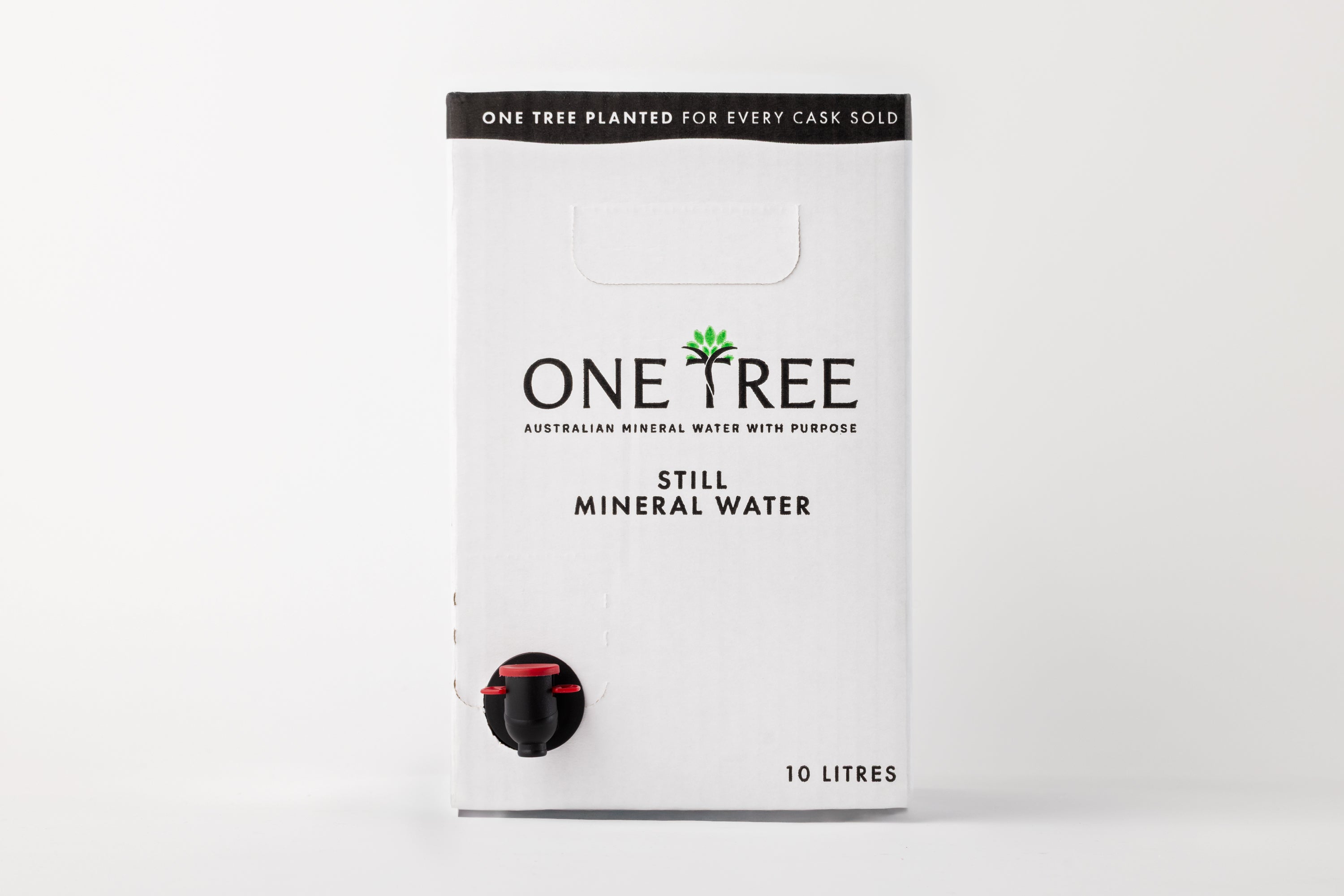 Front view of One Tree Still Mineral Water 10L cask packaging on white background